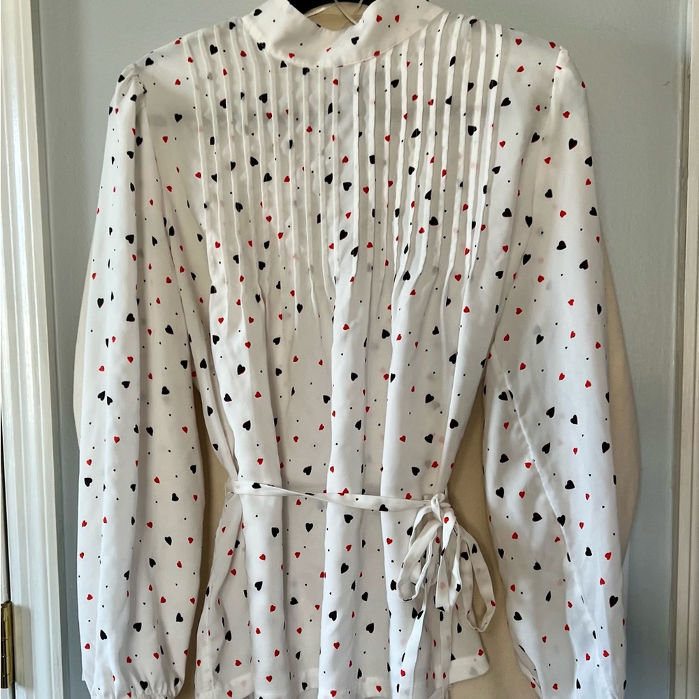 Ann Taylor White Blouse with Black and Red Heart Accents